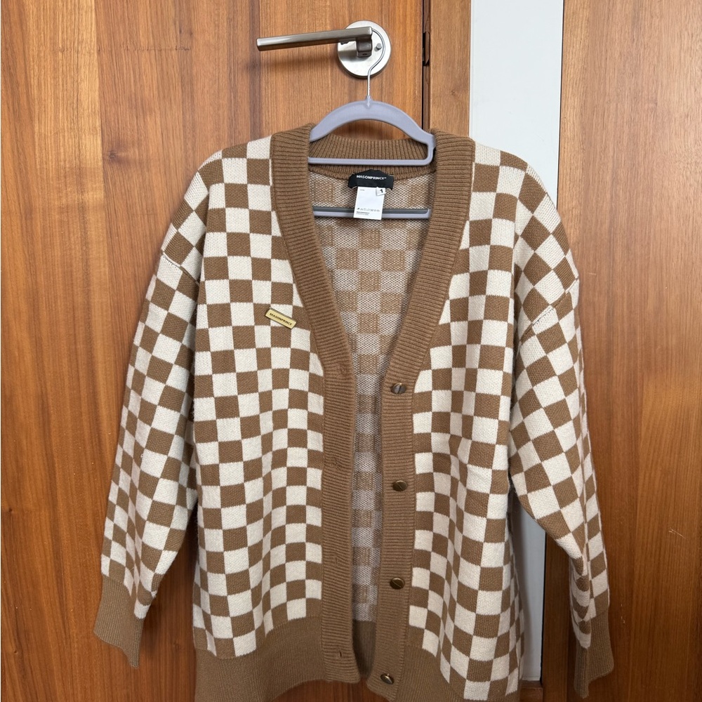 Checkerboard Knit Cardigan in Cream and Camel